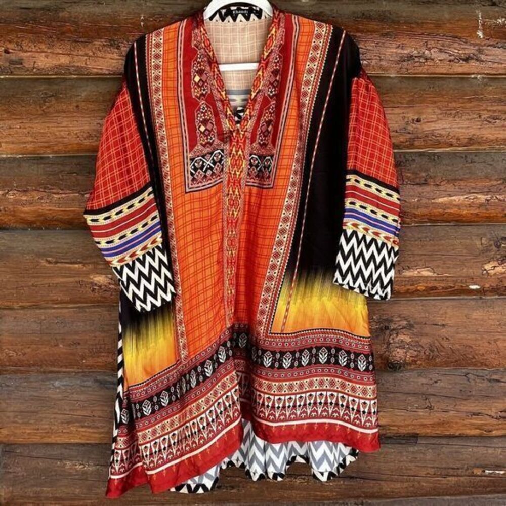 Khaadi Women's Pakistani Tunic Multi Color 10‎ Ethnic Chevron Aztec Long Sleeve